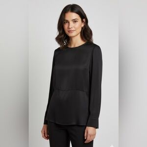 Theory 100% Silk Blouse Fitted Flare Peplum Shirt Sz L Black Quiet Luxury